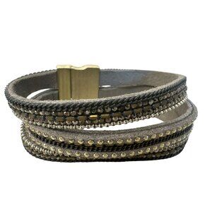 Suede Wrap Bracelet Gold & Black Rhinestone Multi-Strand Magnetic Clasp Sparkly